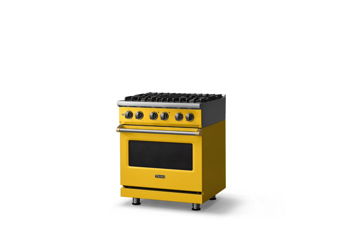 30"W. Dual Fuel Range (Finish: Daffodil, Trim: Brushed Brass, Fuel: Natural Gas)