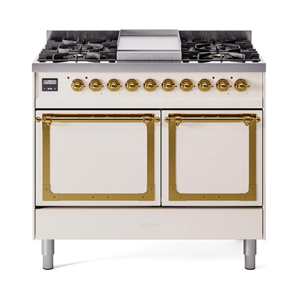 ILVE UND40FQNMPAWG Nostalgie II Noblesse 40 inch Dual Fuel Range (Natural Gas, Solid Door, Antique White, Brass)