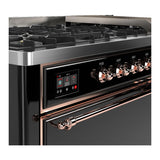 ILVE UM60FQNR3BKPLP Majestic III 60 inch Dual Fuel Range with 9 Burners and Griddle, Dual Function Burner up to 25,000 BTU (Liquid Propane, Solid Door, Glossy Black, Copper)