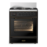 ILVE UM30NR3BKB Majestic III 30 inch Dual Fuel Range with 5 Black Brass Burners, Dual Function Burner up to 25,000 BTU (Natural Gas, Triple Glass Door, Glossy Black, Burnished)