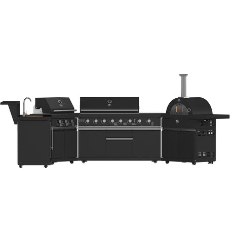 Forno All Aperto 99,600 BTU Outdoor Kitchen, 5 Burners, Infrared Burners, Side Burner, Black Sintered Stone Countertops, Gas Pizza Oven, Sink Module, Bar & Beverage Center