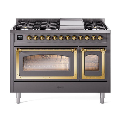 ILVE UN48FNMPMGG Nostalgie II Noblesse 48 inch Dual Fuel Range (8 Sealed Burners + Griddle, Natural Gas, Triple Glass Door, Graphite Matte, Brass)