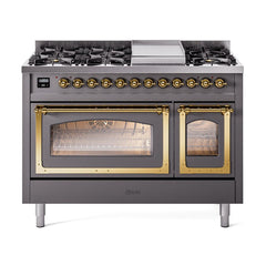 ILVE UN48FNMPMGG Nostalgie II Noblesse 48 inch Dual Fuel Range (8 Sealed Burners + Griddle, Natural Gas, Triple Glass Door, Graphite Matte, Brass)