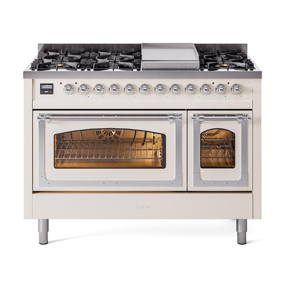 ILVE UN48FNMPAWCLP Nostalgie II Noblesse 48 inch Dual Fuel Range (8 Sealed Burners + Griddle, Liquid Propane, Triple Glass Door, Antique White, Chrome)