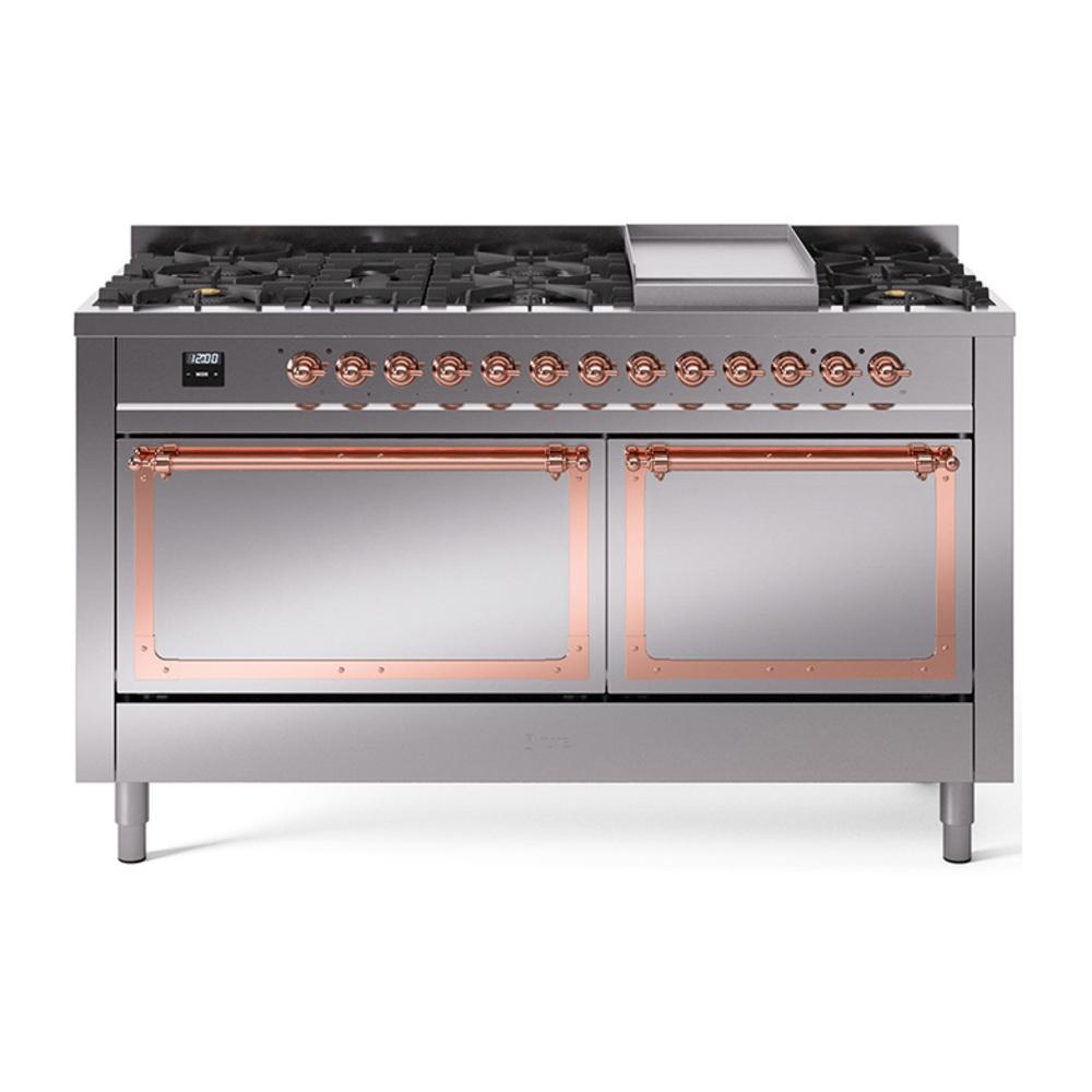 ILVE UN60FQNMPSSPLP Nostalgie II Noblesse 60 inch Dual Fuel Range (9 Sealed Burners + Griddle, Liquid Propane, Solid Door, Stainless Steel, Copper)