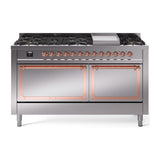 ILVE UN60FQNMPSSPLP Nostalgie II Noblesse 60 inch Dual Fuel Range (9 Sealed Burners + Griddle, Liquid Propane, Solid Door, Stainless Steel, Copper)