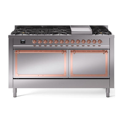 ILVE UN60FQNMPSSPLP Nostalgie II Noblesse 60 inch Dual Fuel Range (9 Sealed Burners + Griddle, Liquid Propane, Solid Door, Stainless Steel, Copper)