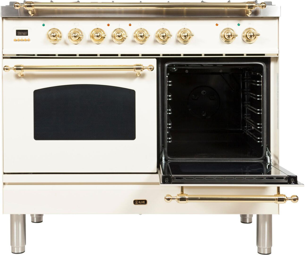 Nostalgie 40 Inch Dual Fuel Natural Gas Freestanding Range in Antique White with Brass Trim
