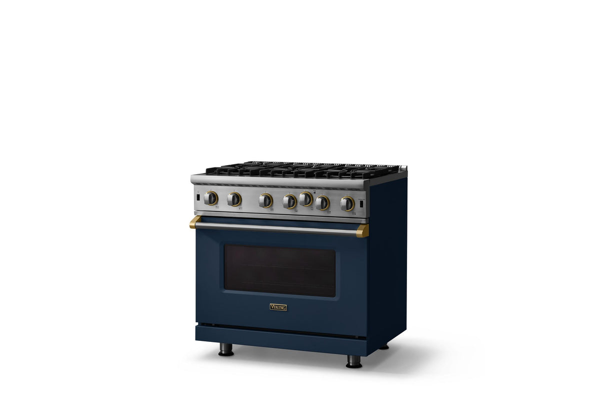 36"W. Open Burner Gas Range (Finish: Slate Blue, Trim: Brushed Brass, Fuel: Natural Gas)