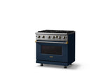 36"W. Open Burner Gas Range (Finish: Slate Blue, Trim: Brushed Brass, Fuel: Natural Gas)