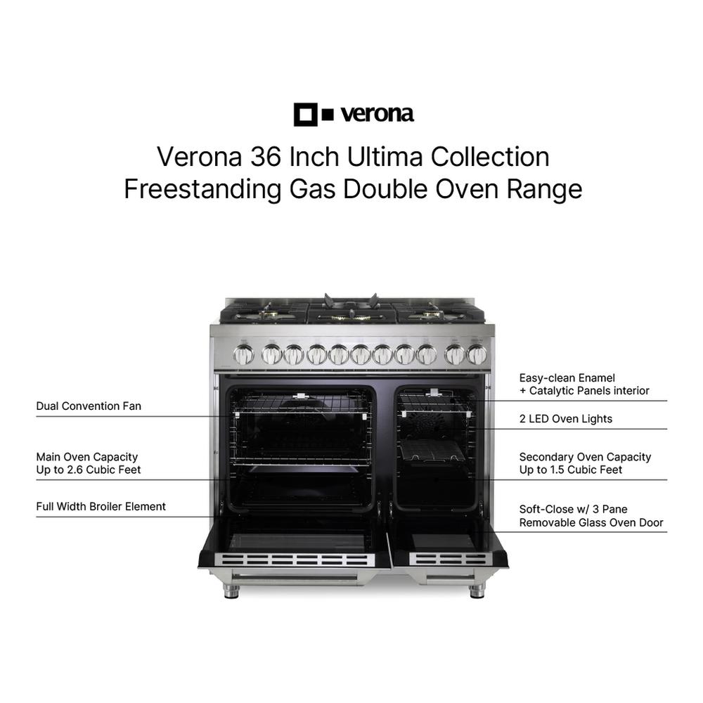 Verona VUFSGG365DSS 36 inch Ultima Collection Double Oven Gas Range with 5 Brass Burners, 4.1 cu. ft. Oven Total Capacity