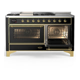 ILVE UM60FSNR3BKG Majestic III 60 inch Dual Fuel Range with 7 Burners, Griddle and French Top, Dual Function Burner with up to 25,000 BTU (Natural Gas, Triple Glass Door, Glossy Black, Brass)