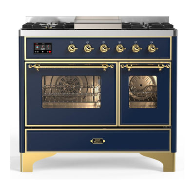 ILVE UMD40FNR3MBGLP Majestic III 40 inch Dual Fuel Range with 6 Burners and Griddle, Dual Function Burner up to 25,000 BTU (Liquid Propane, Triple Glass Door, Midnight Blue, Brass)