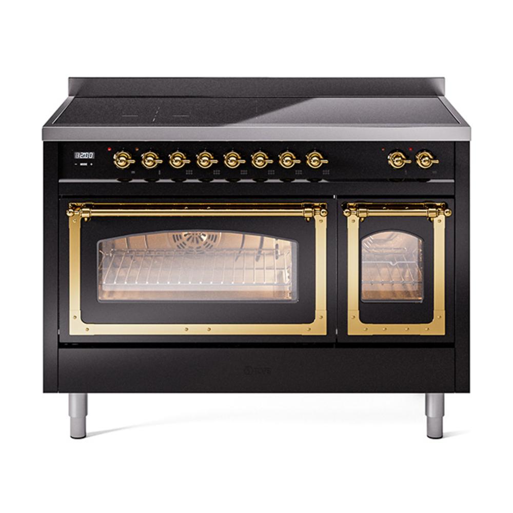 ILVE UNI486NMPBKG Nostalgie II Noblesse 48 inch Induction Range (Triple Glass Door, Glossy Black, Brass)