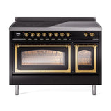 ILVE UNI486NMPBKG Nostalgie II Noblesse 48 inch Induction Range (Triple Glass Door, Glossy Black, Brass)