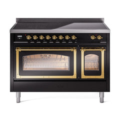 ILVE UNI486NMPBKG Nostalgie II Noblesse 48 inch Induction Range (Triple Glass Door, Glossy Black, Brass)