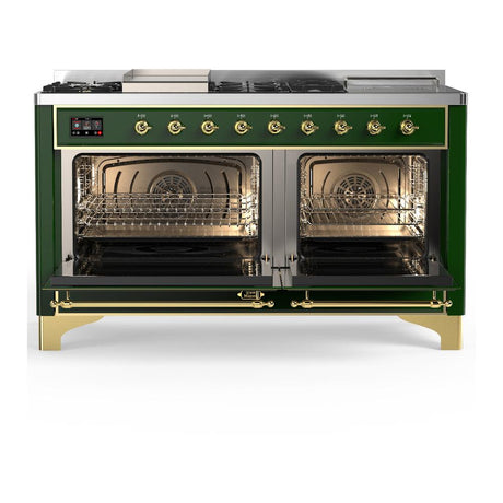 ILVE UM60FSNR3EGG Majestic III 60 inch Dual Fuel Range with 7 Burners, Griddle and French Top, Dual Function Burner with up to 25,000 BTU (Natural Gas, Triple Glass Door, Emerald Green, Brass)