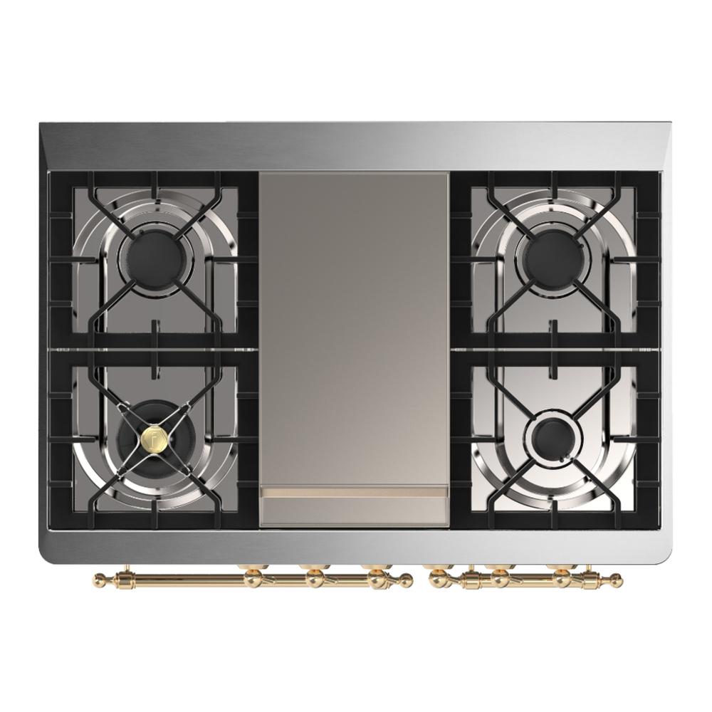 ILVE UMD40FNR3AWG Majestic III 40 inch Dual Fuel Range with 6 Burners and Griddle, Dual Function Burner up to 25,000 BTU (Natural Gas, Triple Glass Door, Antique White, Brass)