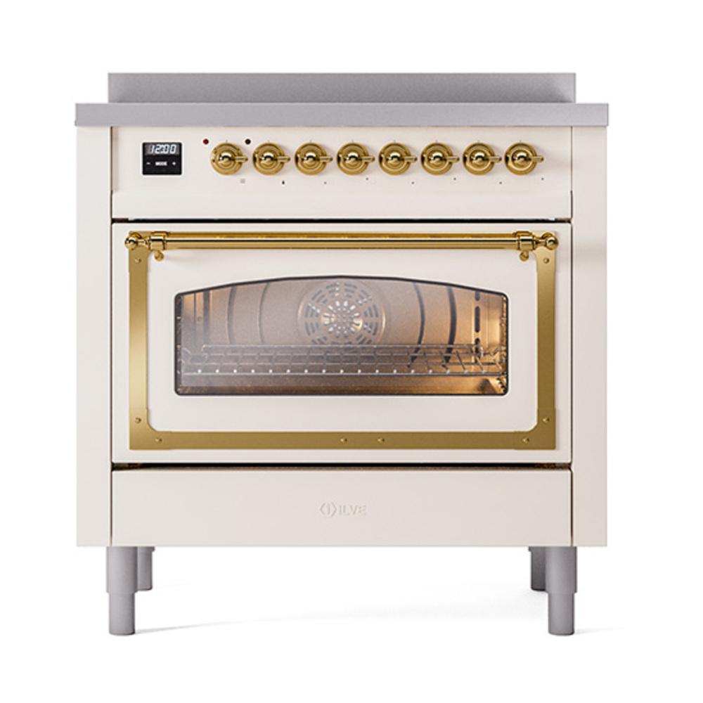 ILVE UNI366NMPAWG Nostalgie II Noblesse 36 inch Induction Range (Triple Glass Door, Antique White, Brass)