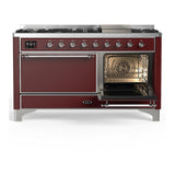 ILVE UM60FQNR3BUCLP Majestic III 60 inch Dual Fuel Range with 9 Burners and Griddle, Dual Function Burner up to 25,000 BTU (Liquid Propane, Solid Door, Burgundy, Chrome)