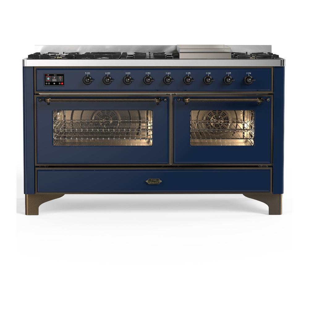 ILVE UM60FNR3MBBLP Majestic III 60 inch Dual Fuel Range with 9 Burners and Griddle, Dual Function Burner up to 25,000 BTU (Liquid Propane, Triple Glass Door, Midnight Blue, Burnished)