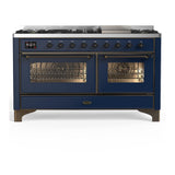 ILVE UM60FNR3MBBLP Majestic III 60 inch Dual Fuel Range with 9 Burners and Griddle, Dual Function Burner up to 25,000 BTU (Liquid Propane, Triple Glass Door, Midnight Blue, Burnished)