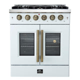 Forno Galiano 30-inch French Door Gas RangenWhite with Antique Brass Design, 5 Burners,n68,000 BTU, 4.32 cu.ft. Convection Oven