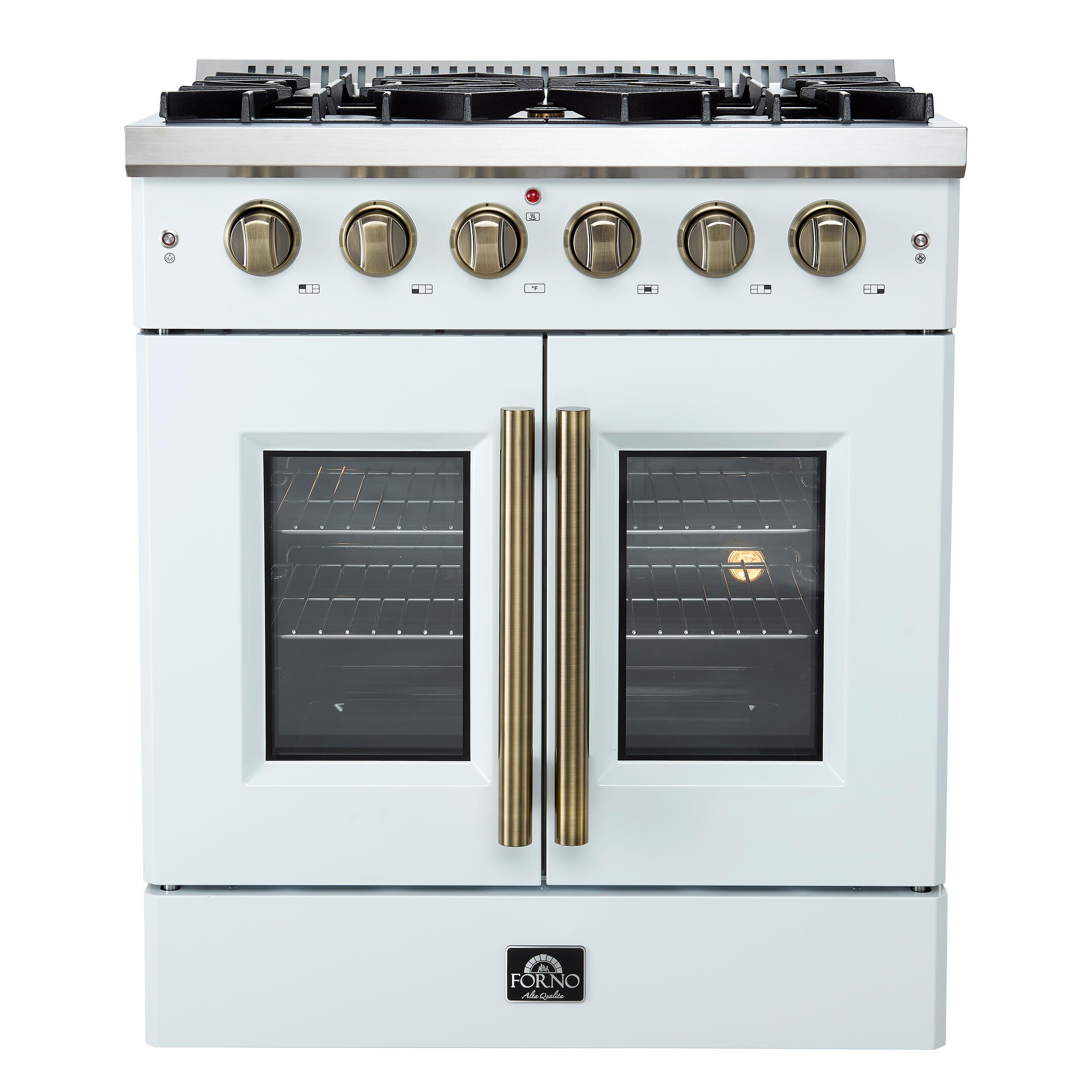 Forno Galiano 30-inch French Door Gas RangenWhite with Antique Brass Design, 5 Burners,n68,000 BTU, 4.32 cu.ft. Convection Oven