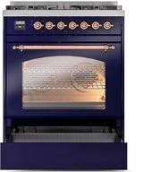 Nostalgie II 30 Inch Dual Fuel Natural Gas Freestanding Range in Blue with Copper Trim