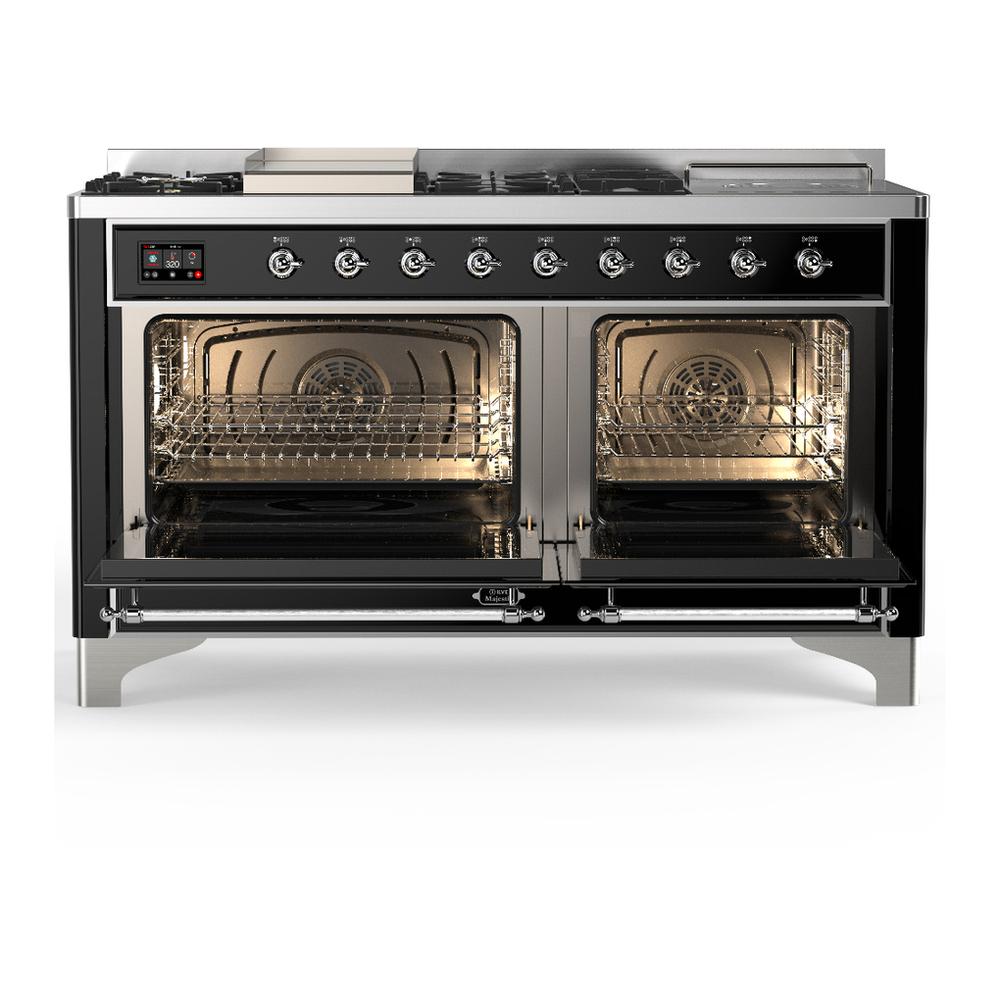 ILVE UM60FSQNR3BKCLP Majestic III 60 inch Dual Fuel Range with 7 Burners, Griddle and French Top, Dual Function Burner with up to 25,000 BTU (Liquid Propane, Solid Door, Glossy Black, Chrome)