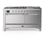 ILVE UM60FQNR3SSCLP Majestic III 60 inch Dual Fuel Range with 9 Burners and Griddle, Dual Function Burner up to 25,000 BTU (Liquid Propane, Solid Door, Stainless Steel, Chrome)