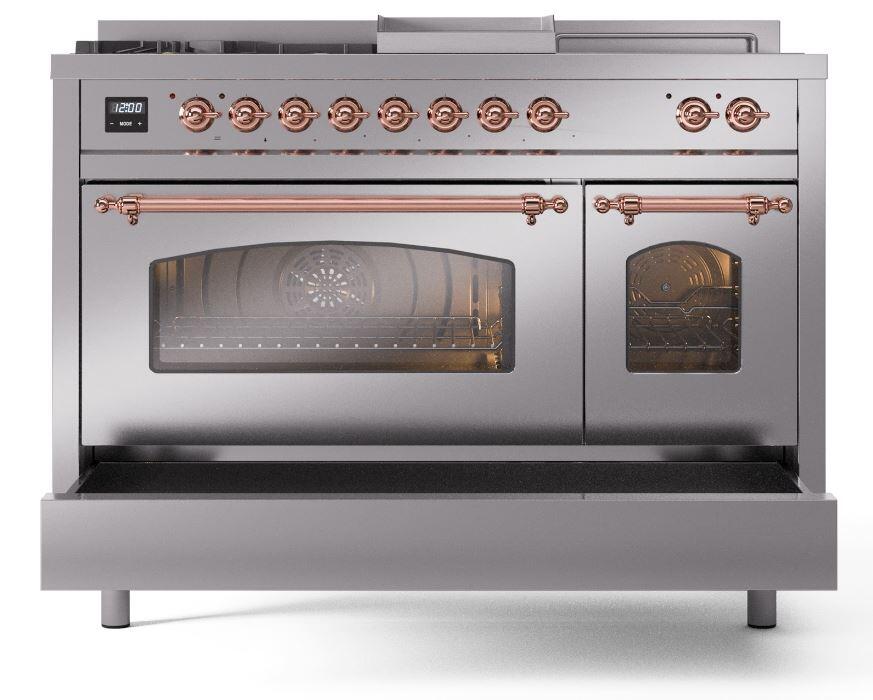 Nostalgie II 48 Inch Dual Fuel Natural Gas Freestanding Range in Stainless Steel with Copper Trim