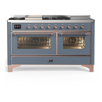 ILVE UM60FSNR3BGP Majestic III 60 inch Dual Fuel Range with 7 Burners, Griddle and French Top, Dual Function Burner with up to 25,000 BTU (Natural Gas, Triple Glass Door, Blue Grey, Copper)