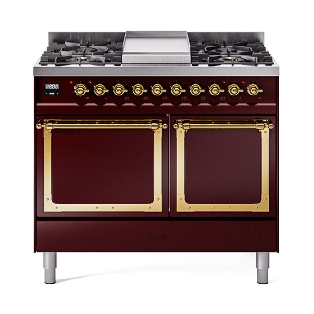 ILVE UND40FQNMPBUGLP Nostalgie II Noblesse 40 inch Dual Fuel Range (Liquid Propane, Solid Door, Burgundy, Brass)