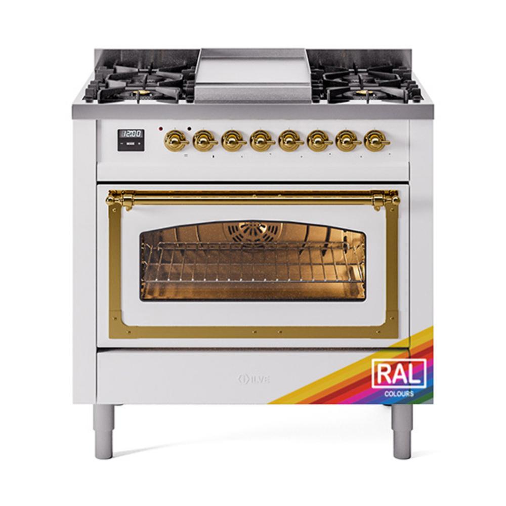 ILVE UN36FNMPRAG Nostalgie II Noblesse 36 inch Dual Fuel Range (Natural Gas, Triple Glass Door, RAL, Brass)