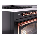 ILVE UN48FNMPBKPLP Nostalgie II Noblesse 48 inch Dual Fuel Range (8 Sealed Burners + Griddle, Liquid Propane, Triple Glass Door, Glossy Black, Copper)