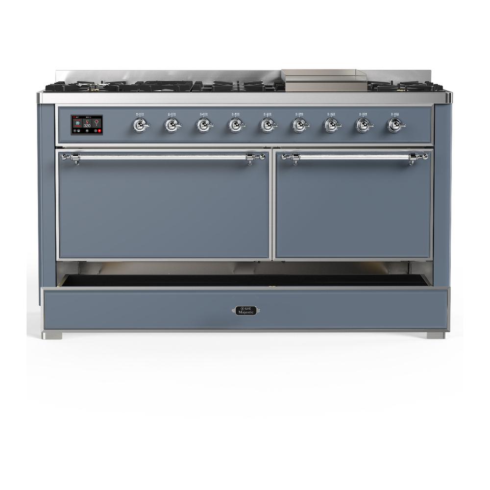 ILVE UM60FQNR3BGCLP Majestic III 60 inch Dual Fuel Range with 9 Burners and Griddle, Dual Function Burner up to 25,000 BTU (Liquid Propane, Solid Door, Blue Grey, Chrome)