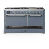 ILVE UM60FQNR3BGCLP Majestic III 60 inch Dual Fuel Range with 9 Burners and Griddle, Dual Function Burner up to 25,000 BTU (Liquid Propane, Solid Door, Blue Grey, Chrome)