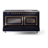 ILVE UN60FNMPMBG Nostalgie II Noblesse 60 inch Dual Fuel Range (9 Sealed Burners + Griddle, Natural Gas, Triple Glass Door, Midnight Blue, Brass)