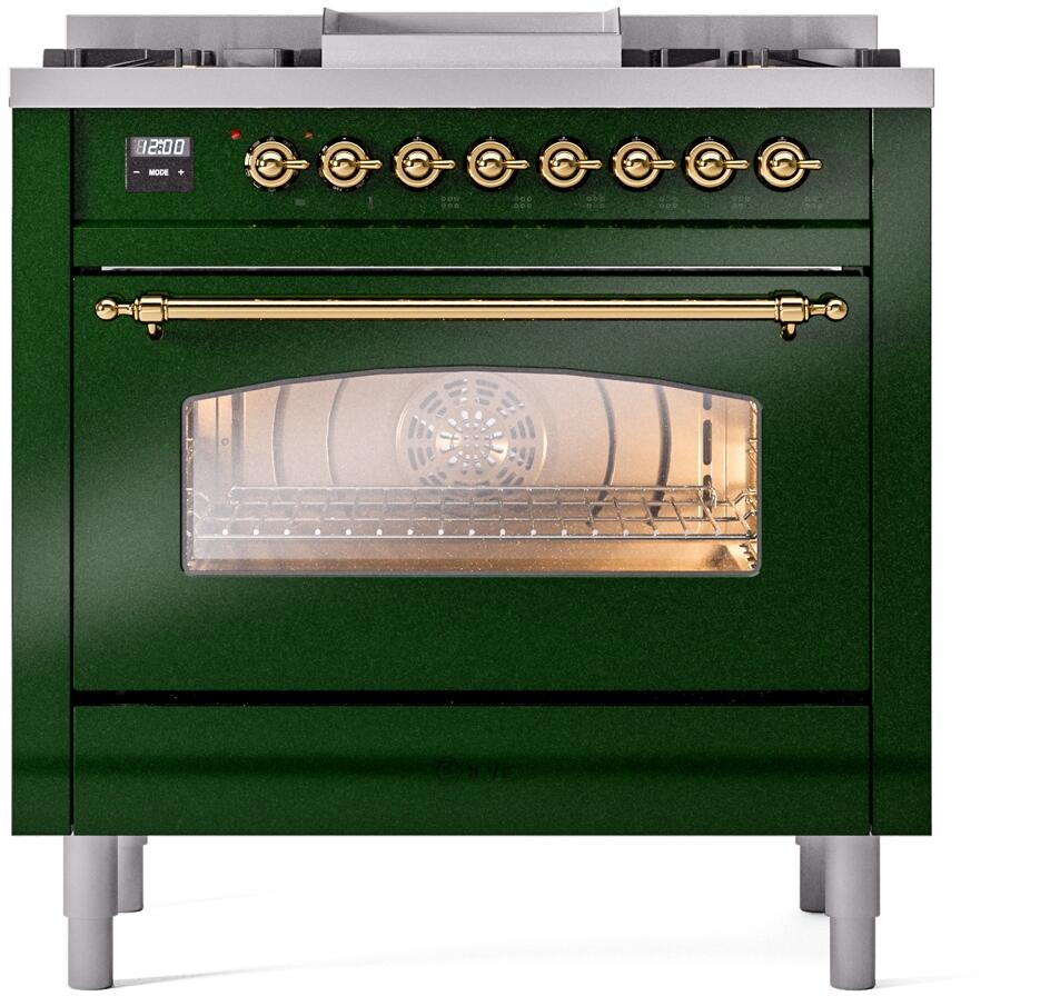 Nostalgie II 36 Inch Dual Fuel Liquid Propane Freestanding Range in Emerald Green with Brass Trim