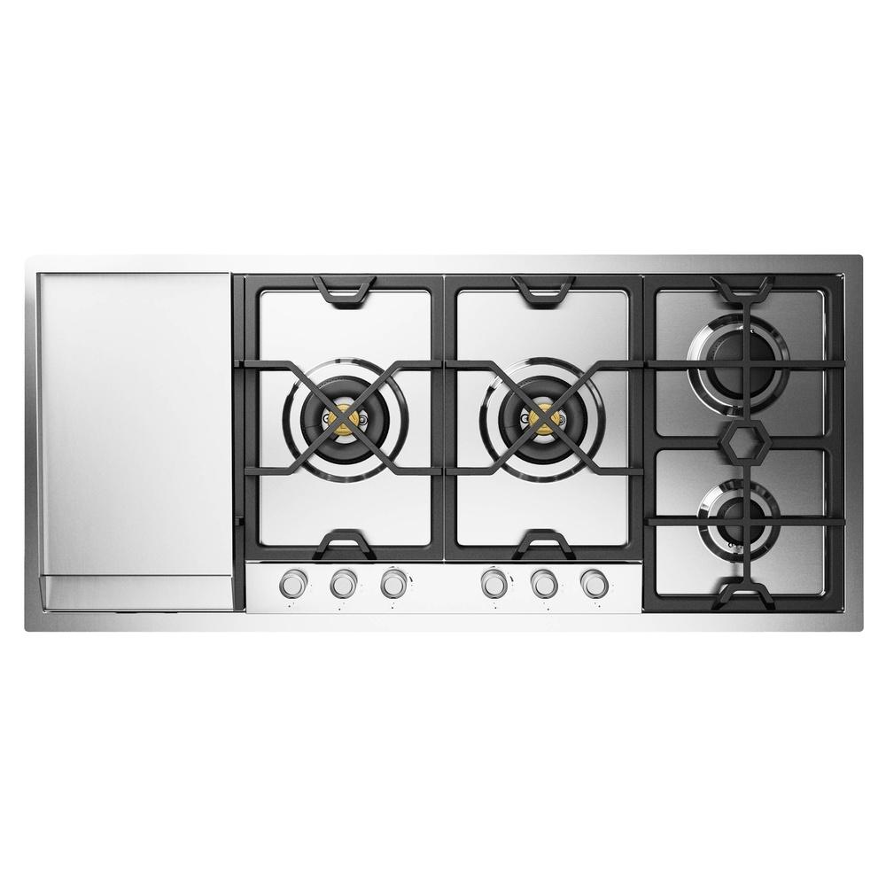 ILVE UHCPMT125FSS Panoramagic 48 inch Built-In Gas Cooktop with Total Black Brass Burners, in Stainless Steel (6 Sealed Burners + Left Griddle, Natural Gas)