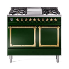 ILVE UND40FQNMPEGG Nostalgie II Noblesse 40 inch Dual Fuel Range (Natural Gas, Solid Door, Emerald Green, Brass)