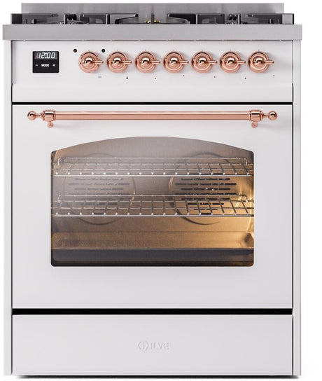 Nostalgie II 30 Inch Dual Fuel Natural Gas Freestanding Range in White with Copper Trim