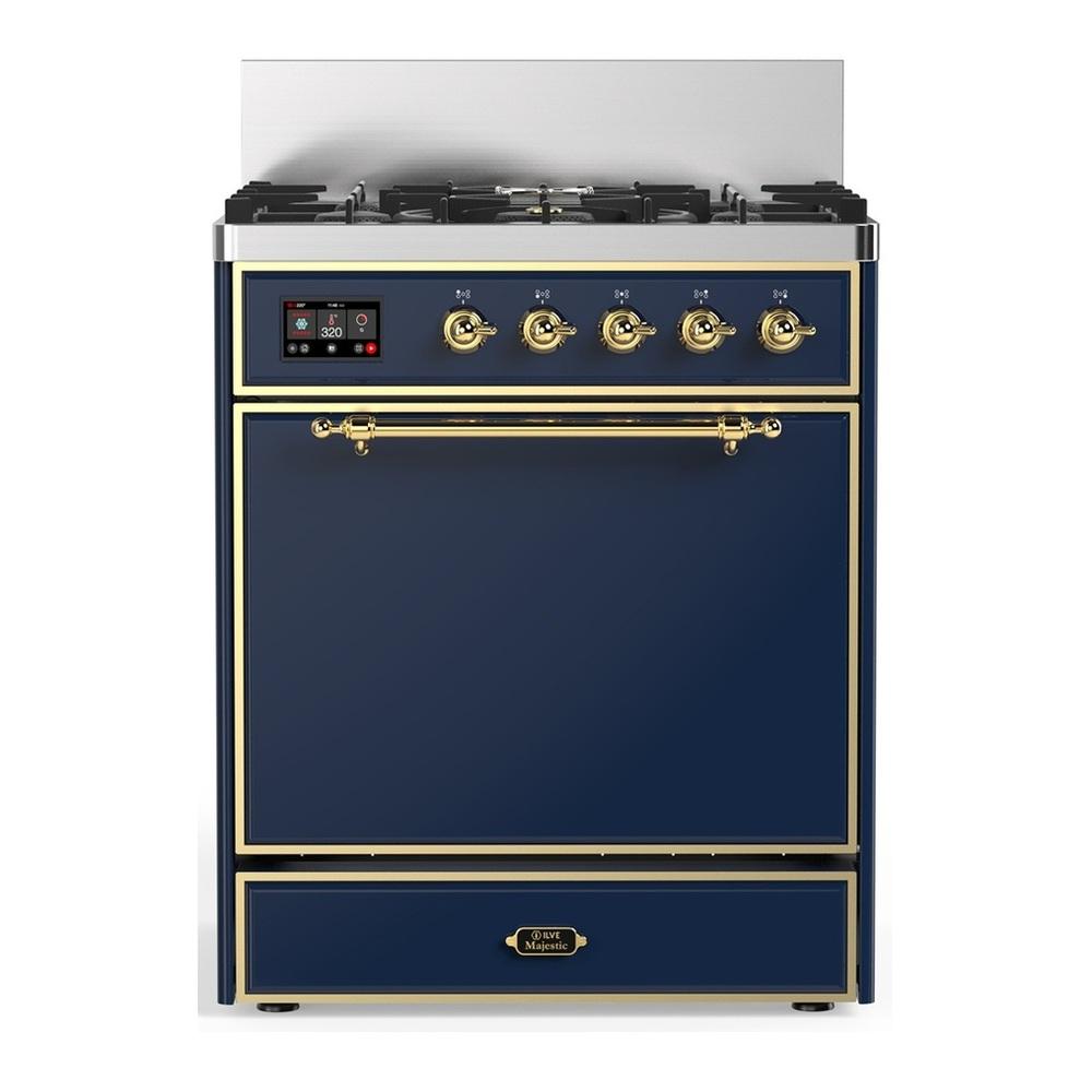 ILVE UM30QNR3MBG Majestic III 30 inch Dual Fuel Range with 5 Black Brass Burners, Dual Function Burner up to 25,000 BTU (Natural Gas, Solid Door, Midnight Blue, Brass)