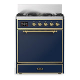 ILVE UM30QNR3MBG Majestic III 30 inch Dual Fuel Range with 5 Black Brass Burners, Dual Function Burner up to 25,000 BTU (Natural Gas, Solid Door, Midnight Blue, Brass)