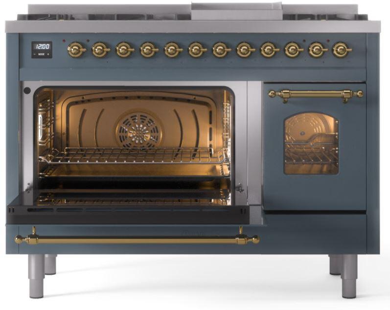 Nostalgie II 48 Inch Dual Fuel Natural Gas Freestanding Range in Blue Grey with Brass Trim