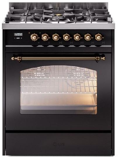 Nostalgie II 30 Inch Dual Fuel Liquid Propane Freestanding Range in Glossy Black with Bronze Trim