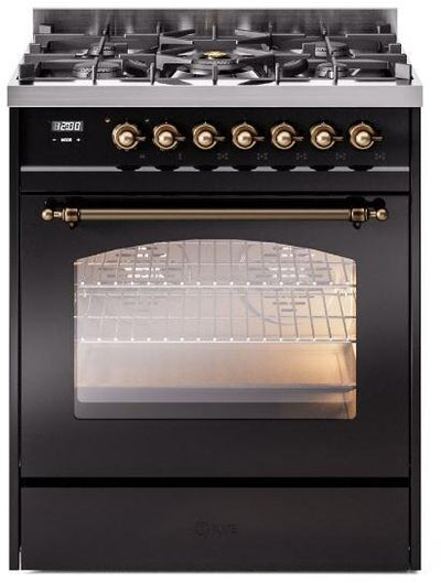 Nostalgie II 30 Inch Dual Fuel Liquid Propane Freestanding Range in Glossy Black with Bronze Trim