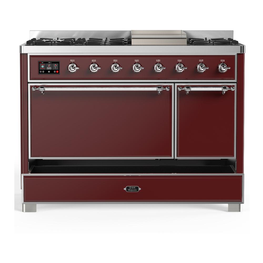 ILVE UM48FQNR3BUCLP Majestic III 48 inch Dual Fuel Range with 8 Burners and Griddle, Dual Function Burner up to 25,000 BTU (Liquid Propane, Solid Door, Burgundy, Chrome)