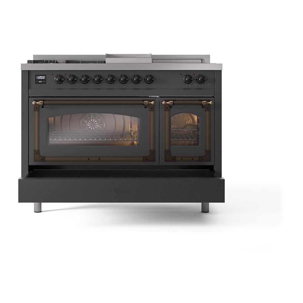 ILVE UN48FSNMPMGBLP Nostalgie II Noblesse 48 inch Dual Fuel Range (5 Sealed Burners + Griddle + French Top, Liquid Propane, Triple Glass Door, Graphite Matte, Burnished)